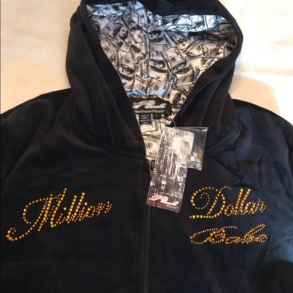 Unique Black Velour 💸💰Million Dollar Baby Rhinestone & Stud Money Print Hoodie - Picture 2 of 6